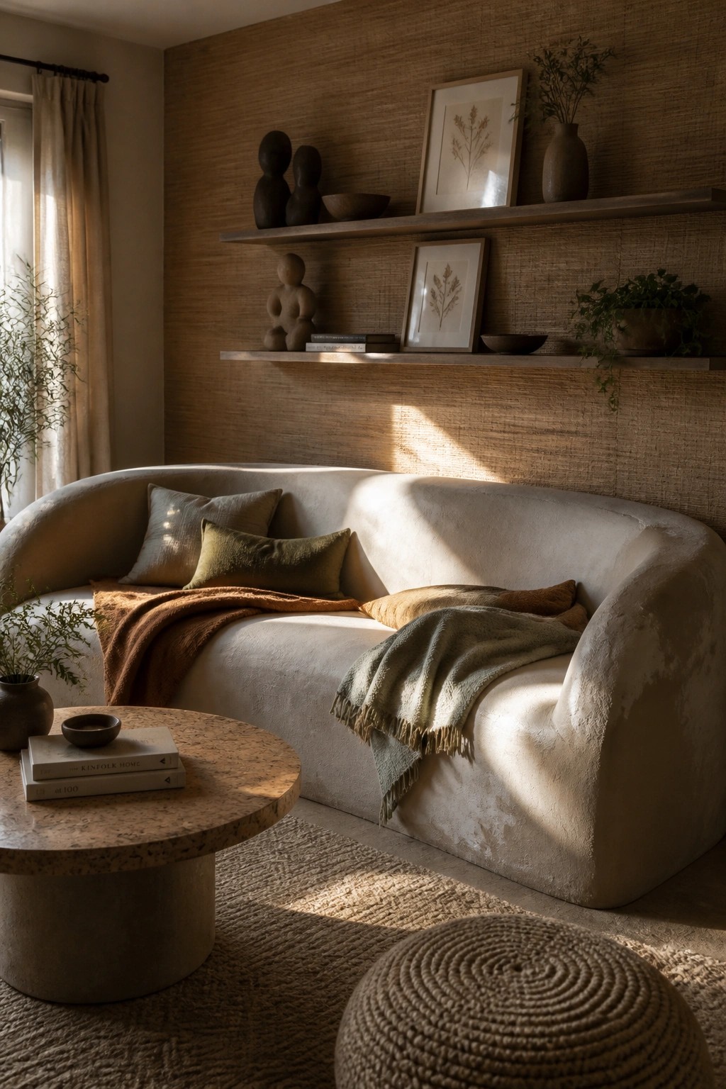 Sunlit beige curved sofa with pillows and throws beside wooden shelves and stone table