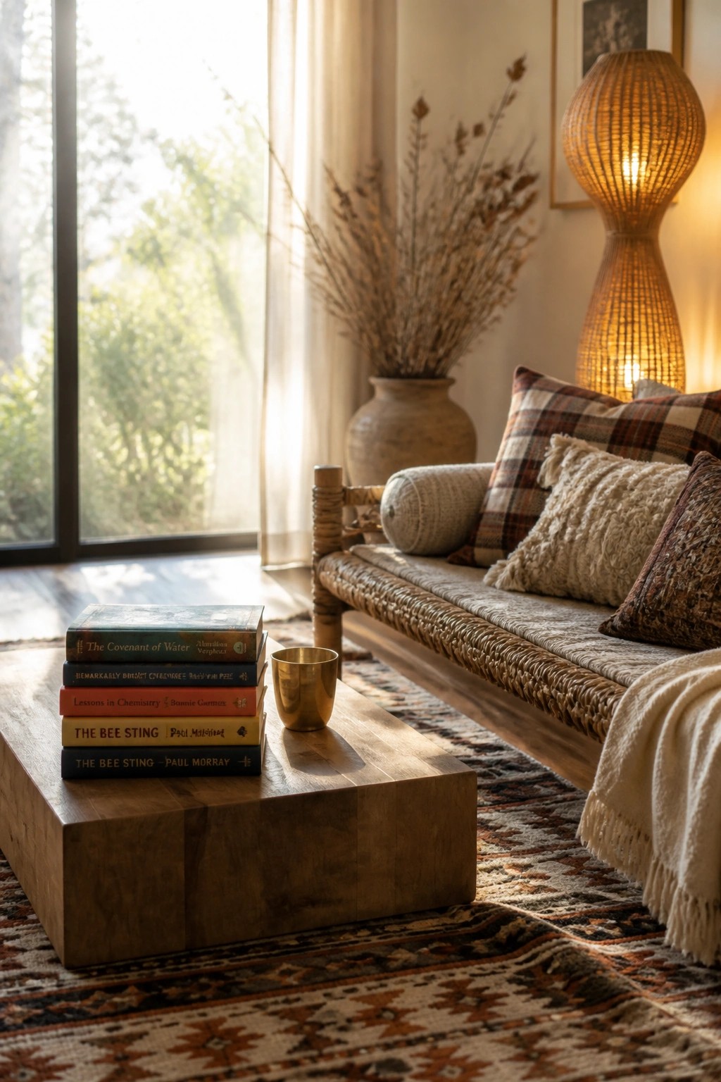 A low wooden coffee table holds a stack of books beside a woven sofa with pillows and a brass cup on a patterned rug.