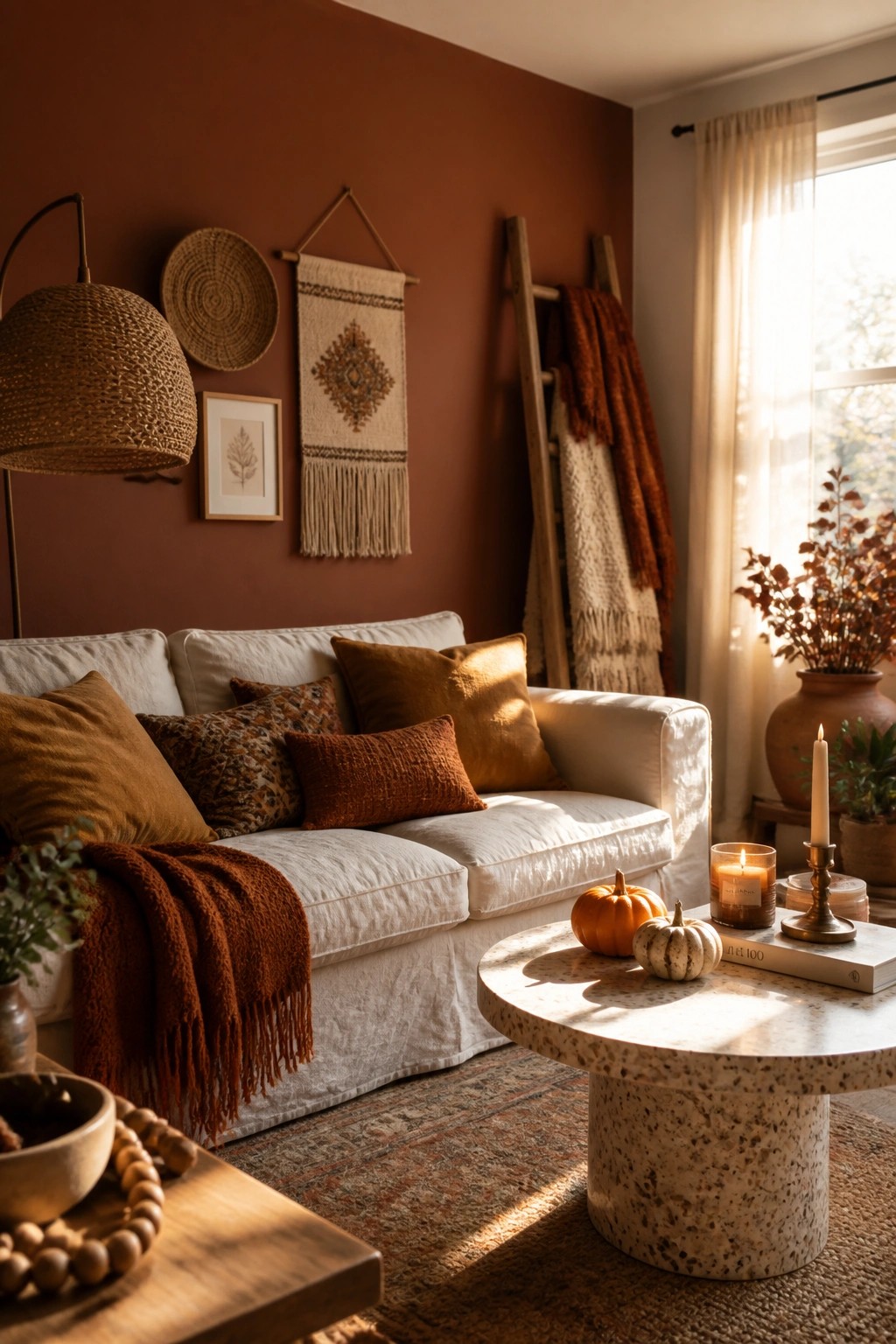 A living room featuring a white sofa with multiple brown and rust pillows and a fringed throw, a round terrazzo coffee table holding small pumpkins and lit candles, and woven wall hangings on a terracotta wall.