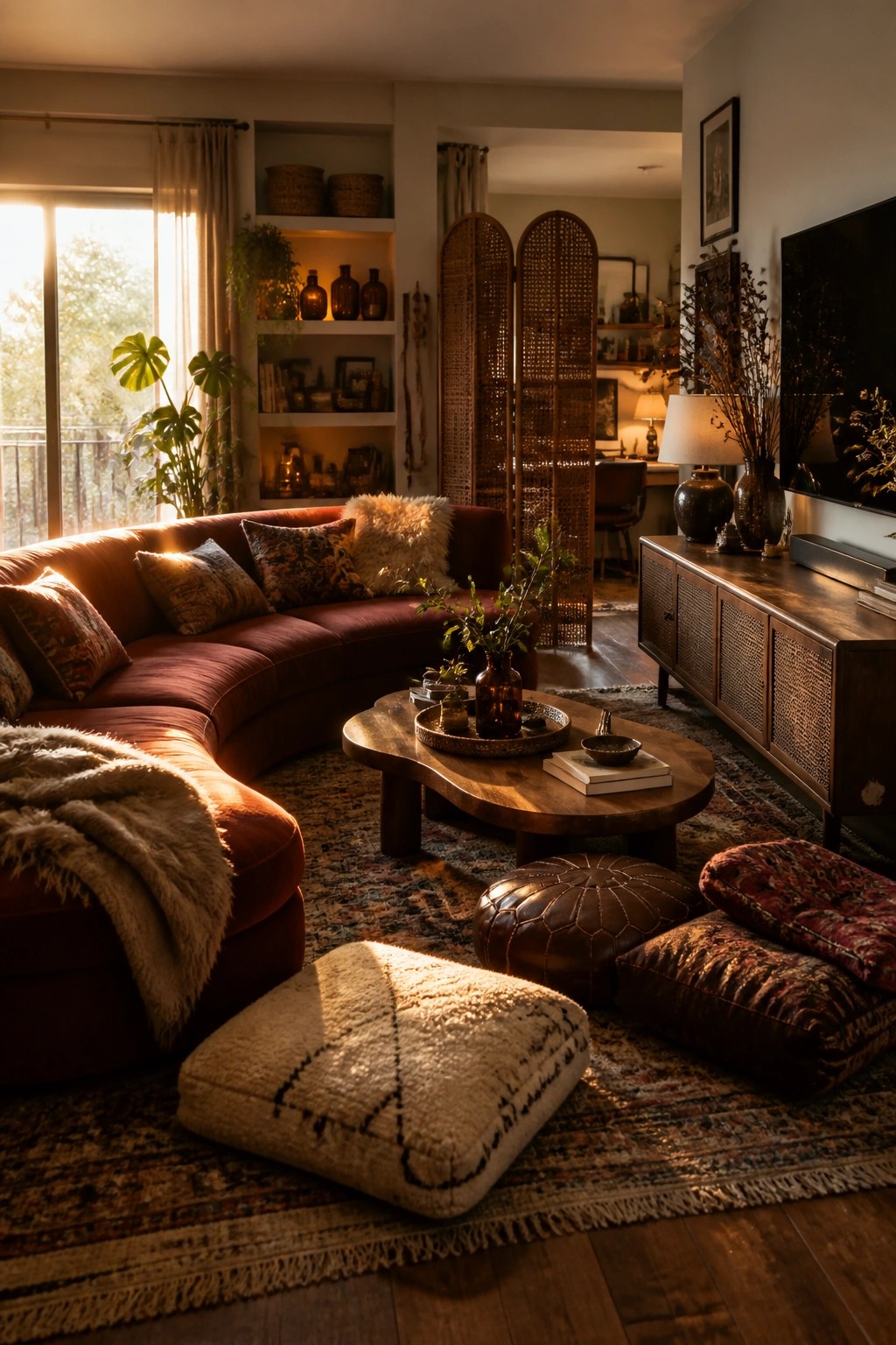 A living room featuring a curved rust-colored sectional sofa, wooden coffee table, leather poufs, sheepskin throw, and woven room divider on a patterned rug.