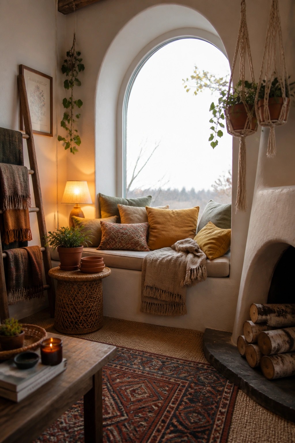 An interior view of a curved window seat covered in assorted pillows and a fringed throw, with a small woven table and fireplace nearby.
