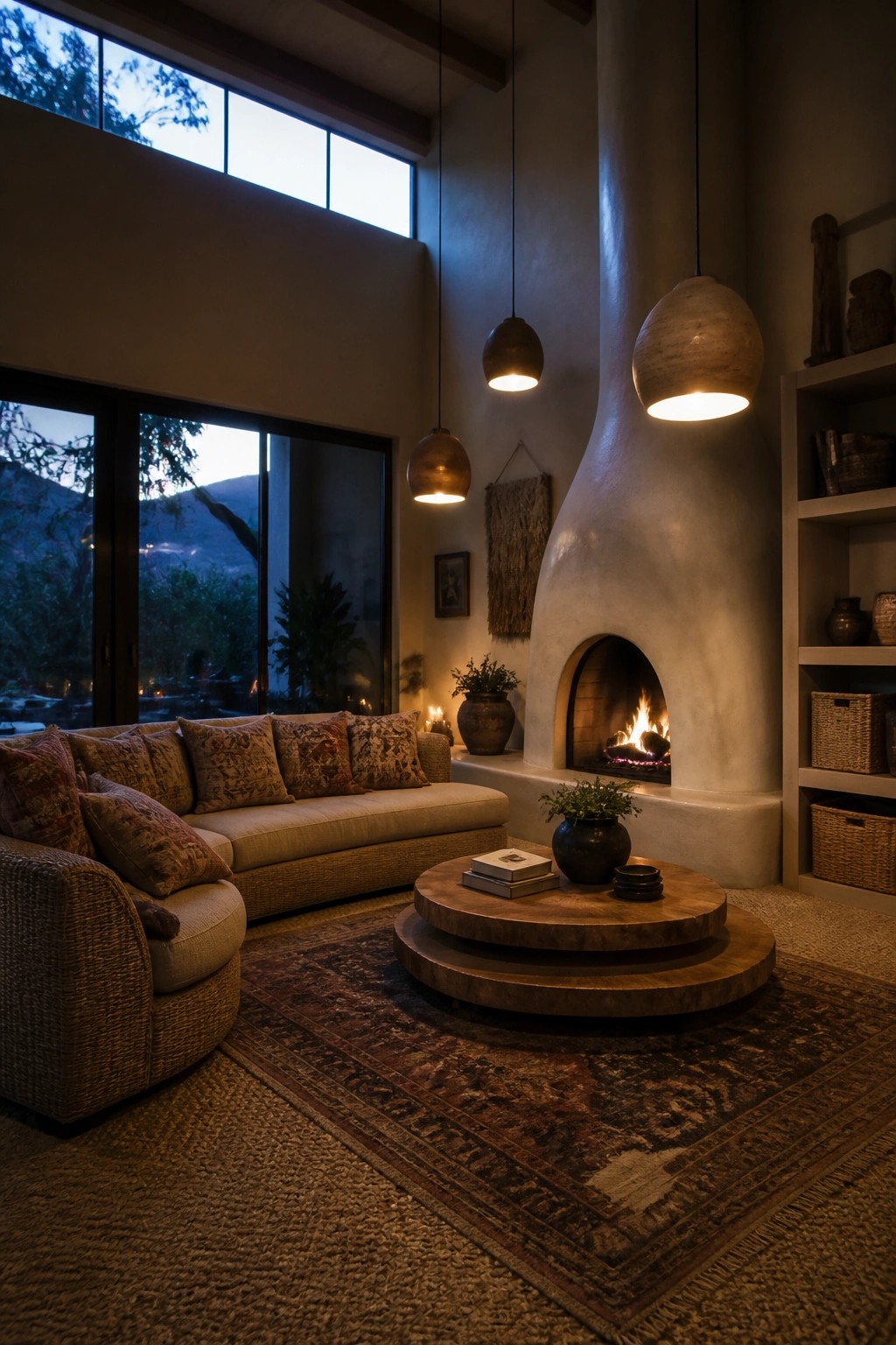 A living room with a curved beige sofa, round wooden coffee table, large patterned rug, and a tall white fireplace with a fire burning inside.
