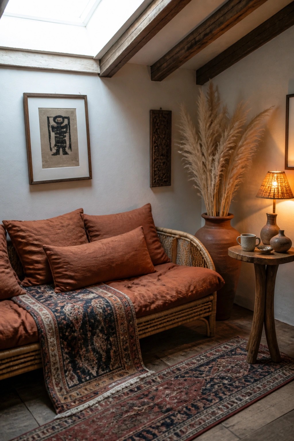 A cozy interior corner with a rattan sofa covered in rust-colored cushions and patterned textiles, next to a wooden side table holding pottery and a lit lamp, with dried grasses and framed art on the wall.