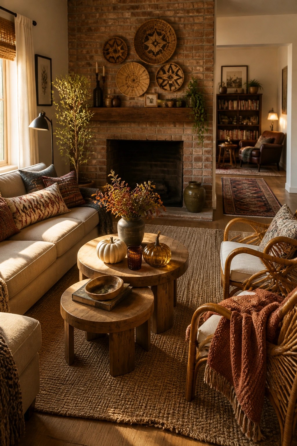 A living room with a brick fireplace, wooden mantel, and several woven baskets arranged above it, along with a round wood coffee table, sofa, and rattan chairs.