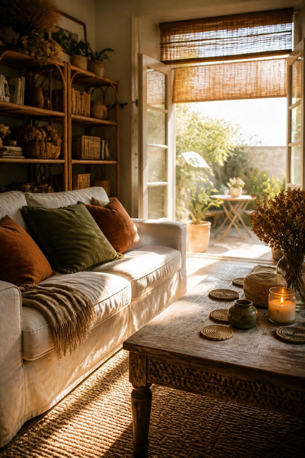 Sunlit living room with white sofa, wooden table, open doors to garden patio