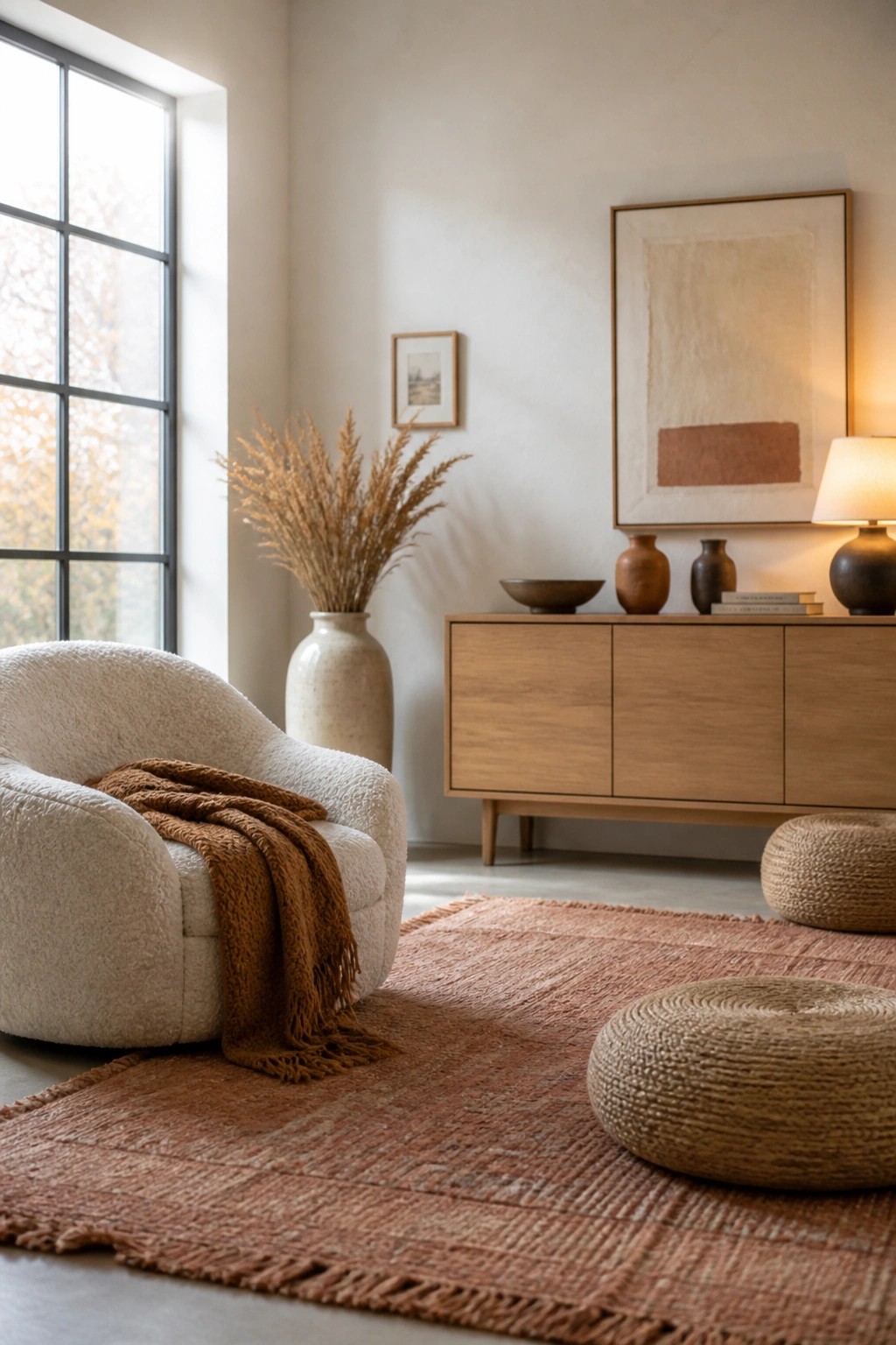 A living room featuring a large fringed terracotta woven rug, a white bouclé armchair with a brown throw, two round woven poufs, a light wood sideboard with ceramics and a lamp, and dried grasses in a tall vase.