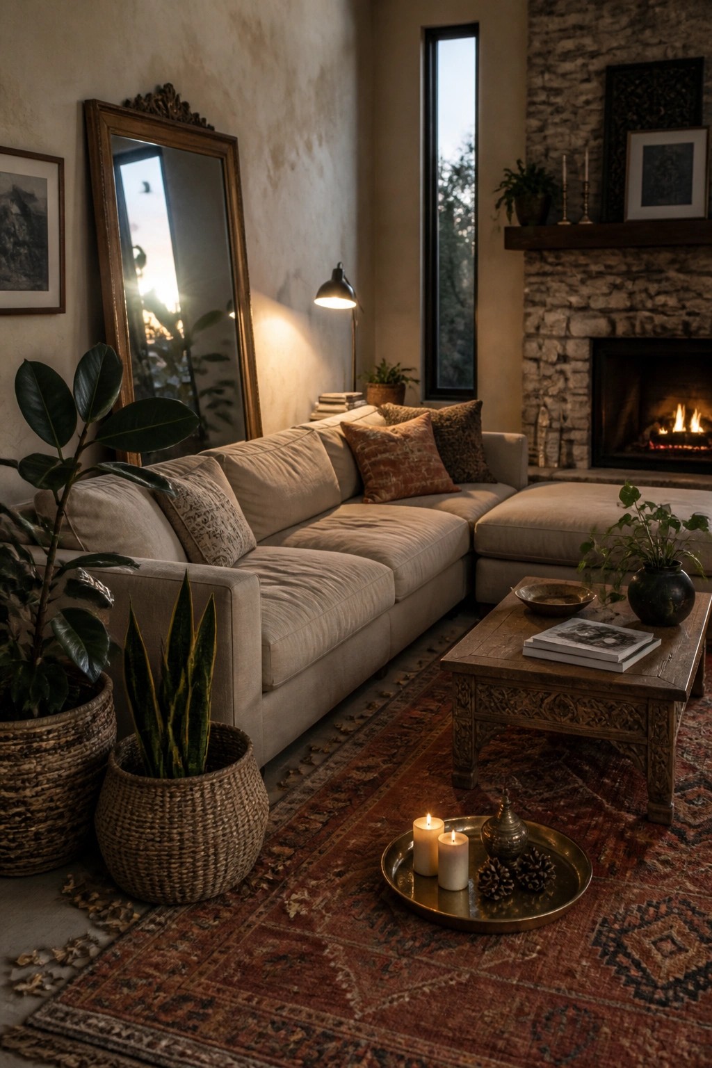 A living room with a beige sectional sofa, wooden coffee table, patterned rug, and multiple potted plants placed in woven baskets near a stone fireplace.