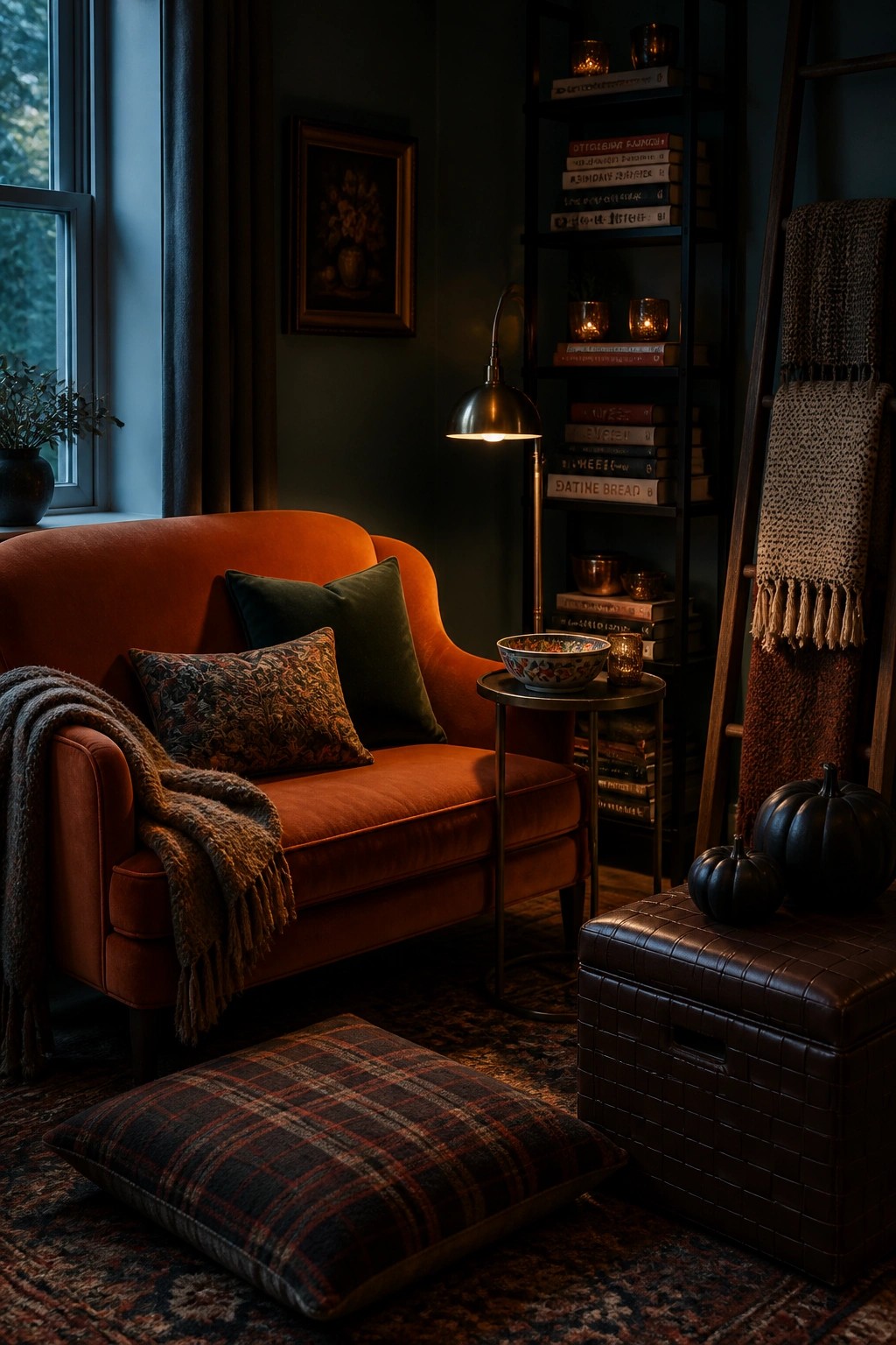 Cozy den with orange velvet sofa, plaid floor cushion, leather ottoman, and candlelit bookshelf