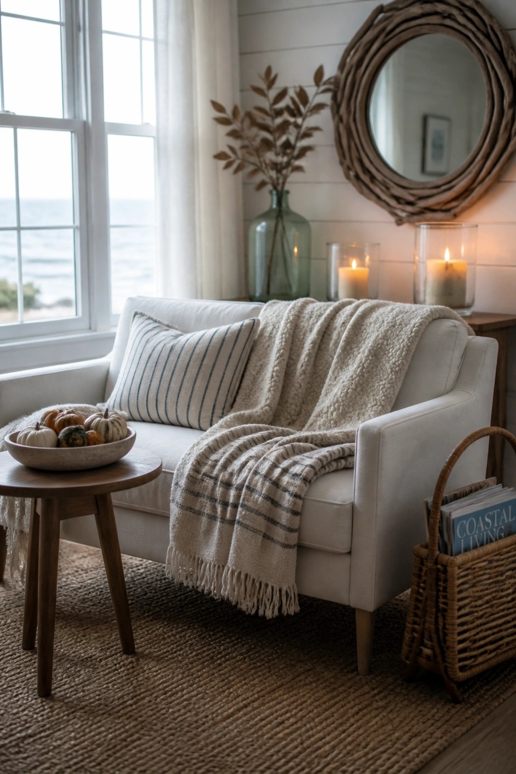 A white sofa with striped pillows and a textured throw sits beside a small round wooden table holding a bowl of pumpkins, with a wicker basket of magazines on the floor nearby.