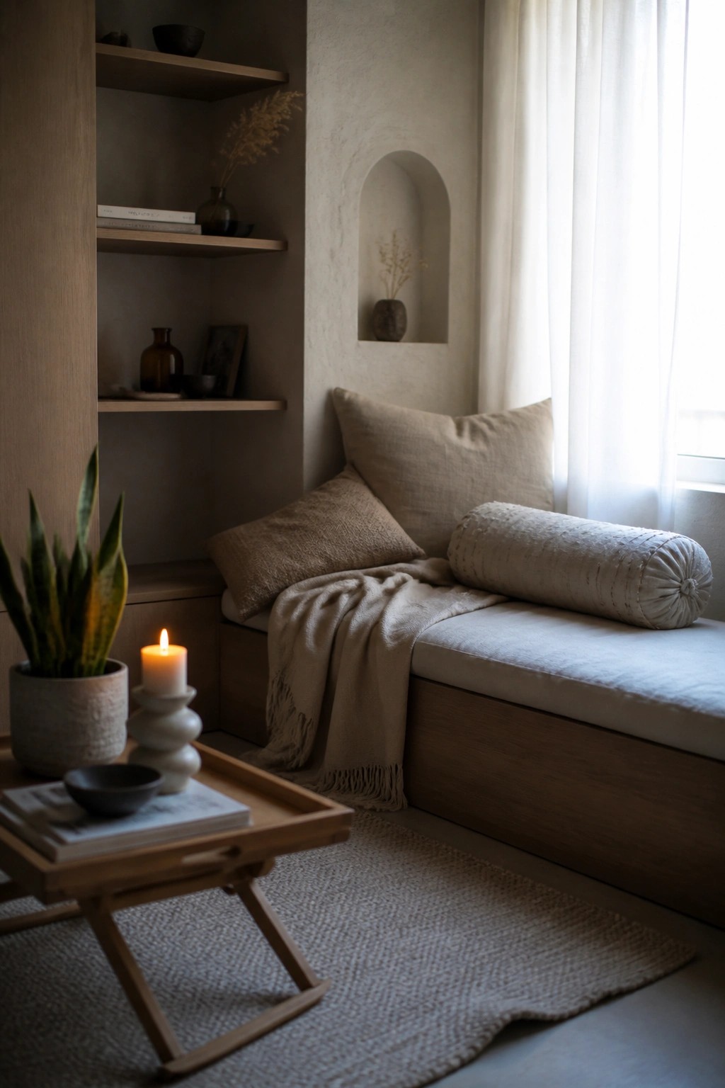 A small interior corner featuring a built-in wooden bench with neutral cushions and a throw blanket, wooden wall shelves holding books and vases, a potted plant, and a lit candle on a low wooden tray in the foreground.