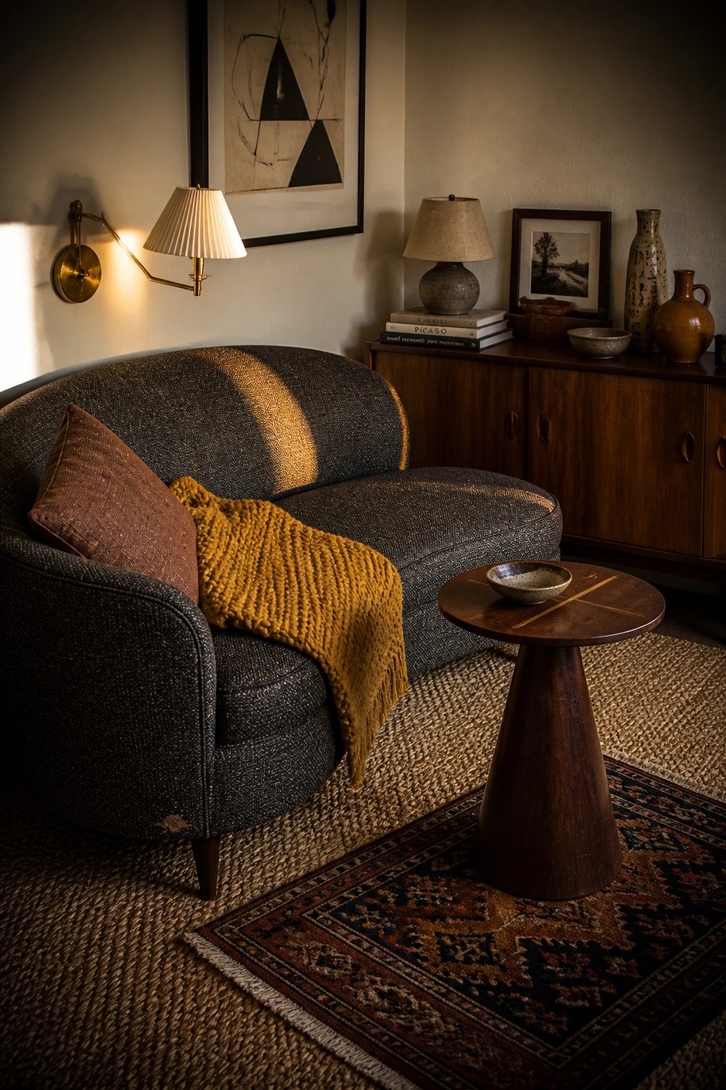 A curved dark gray sofa with a brown pillow and draped mustard knit throw sits on layered rugs beside a small wooden side table in a room with a wooden cabinet and wall art.