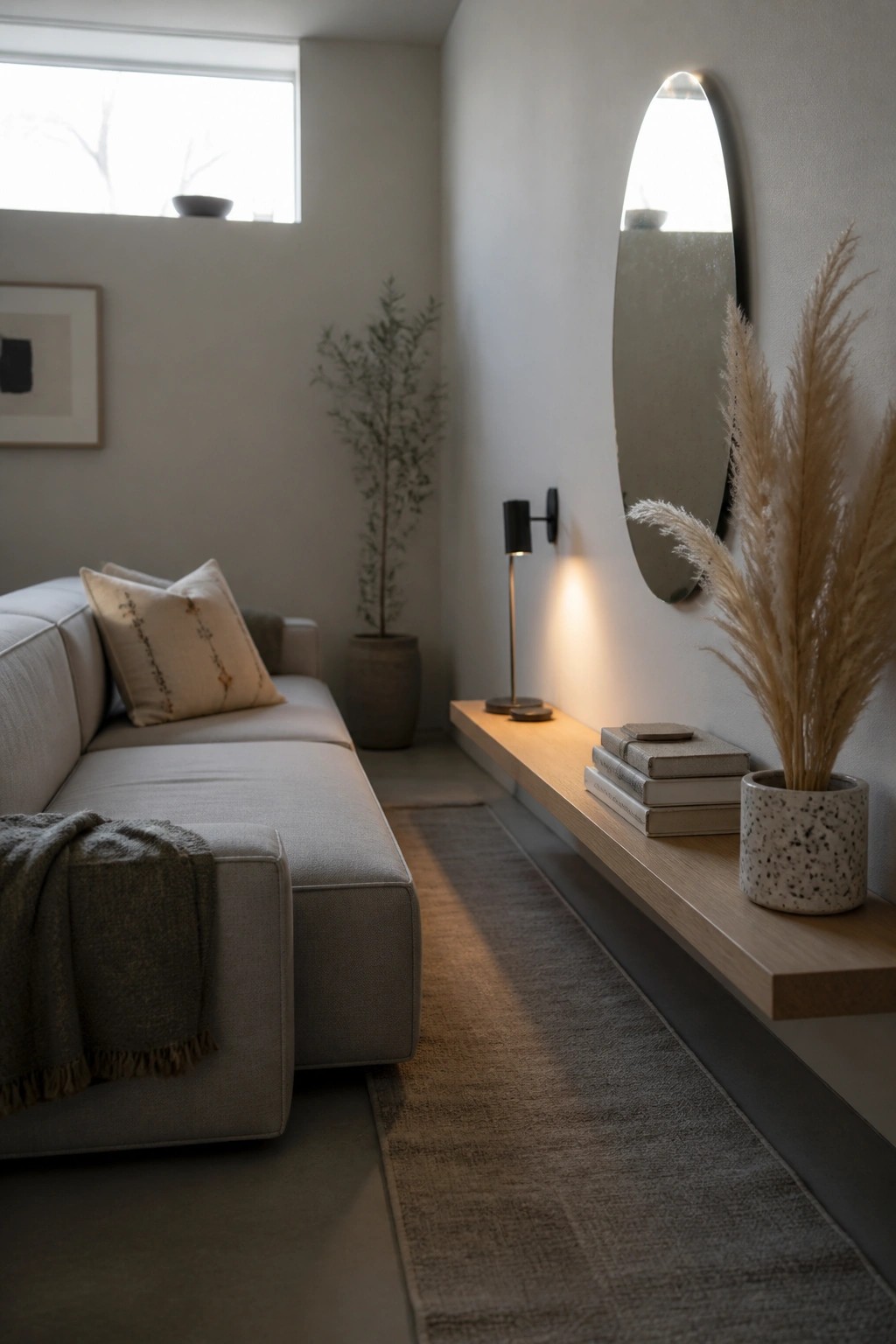 A living room featuring a gray sectional sofa on the left and a floating light wood console on the right wall with stacked books and a speckled vase of dried grass beneath an oval mirror and black wall sconce.