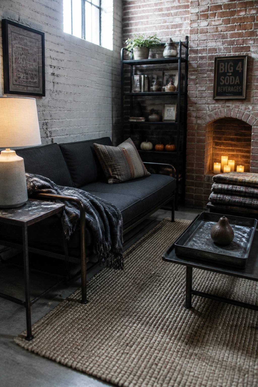 Dark sofa by brick fireplace with candles, metal shelves, woven rug, and coffee table.