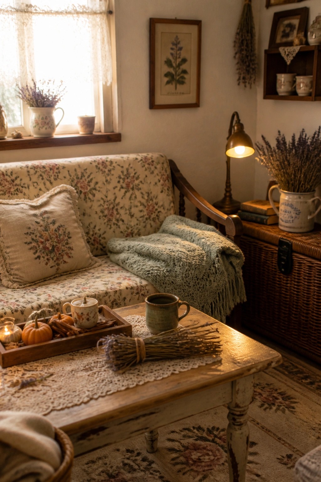 A small living room features a floral sofa with a light blue throw, a distressed wooden coffee table holding mugs, a tray of pumpkins, and dried lavender, plus a window with lace curtains.