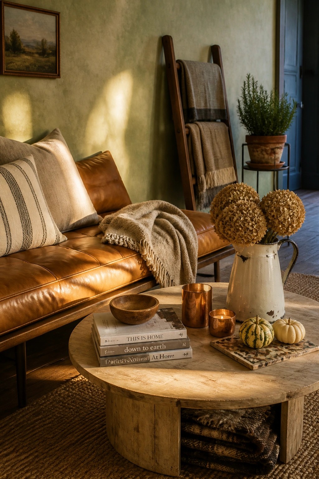 A cozy living room with a brown leather sofa, a round wooden coffee table holding books, candles, and small pumpkins, and a wooden ladder with folded blankets against a green wall.