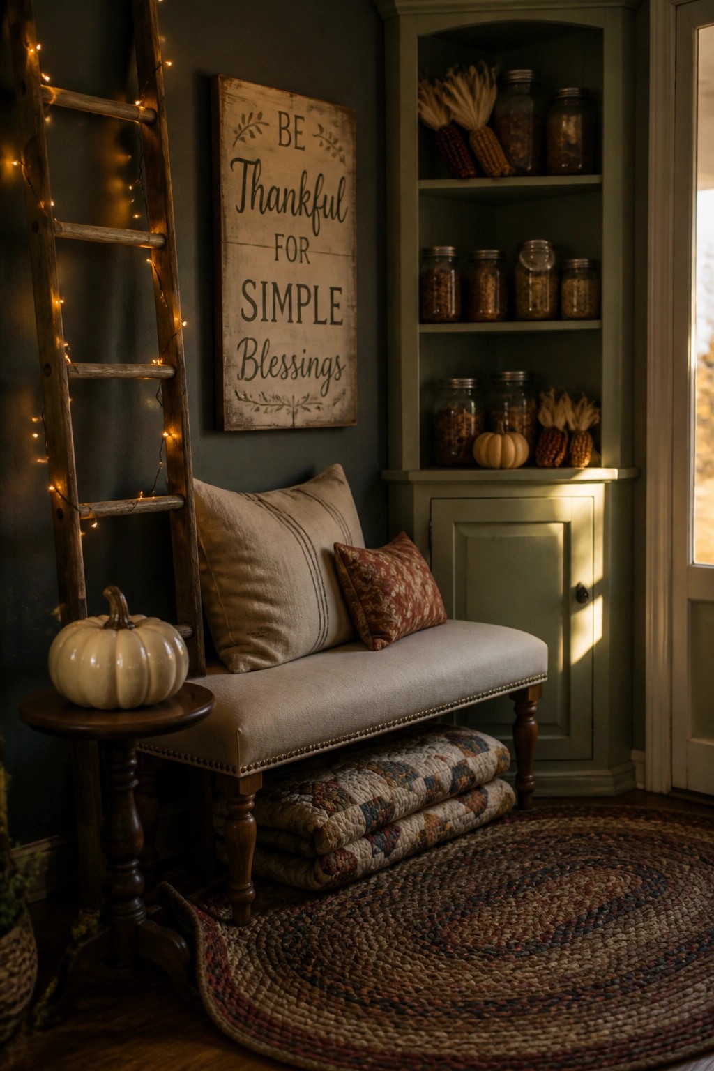 Cozy rustic nook with bench, thankful sign, ladder lights, pumpkin, and braided rug