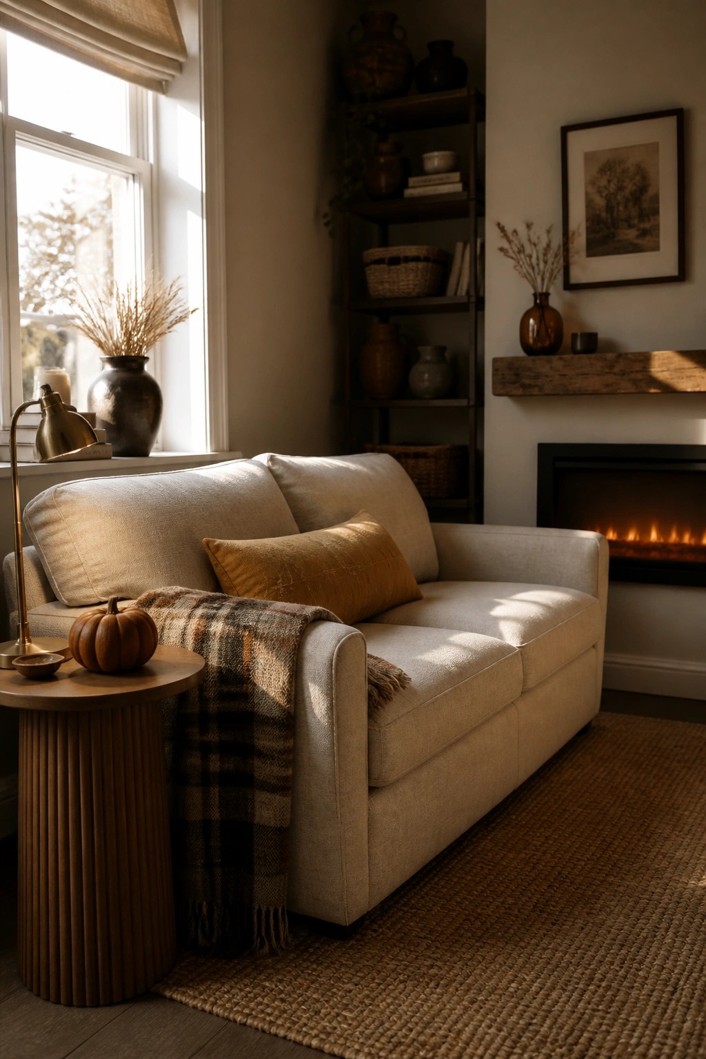 Cozy beige sofa with plaid throw, pumpkin, and glowing fireplace in sunlit room.