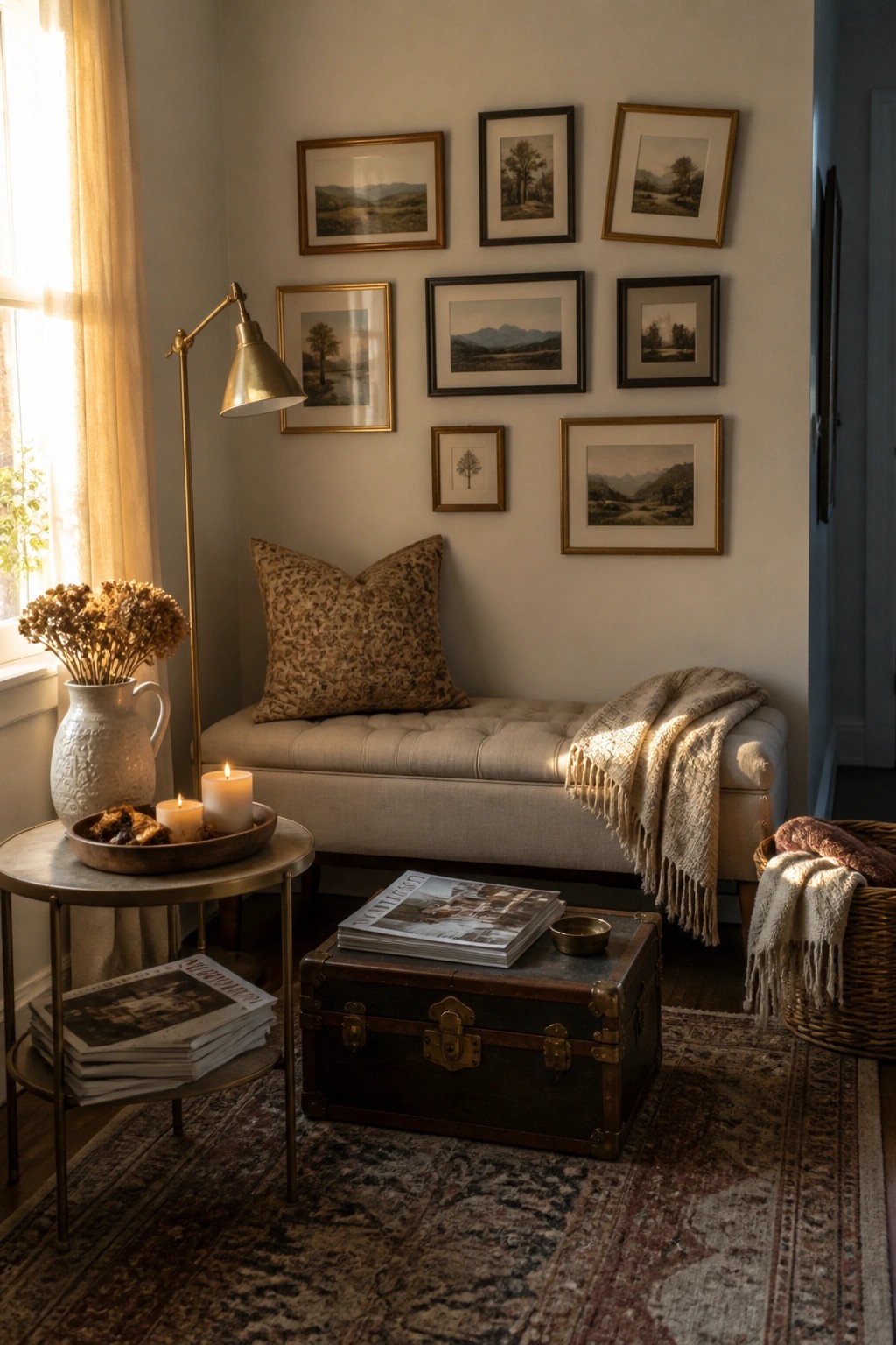 A small living room corner featuring a tufted bench with a patterned pillow, a vintage trunk topped with magazines, side tables holding candles and dried flowers, and framed landscape art on the wall.