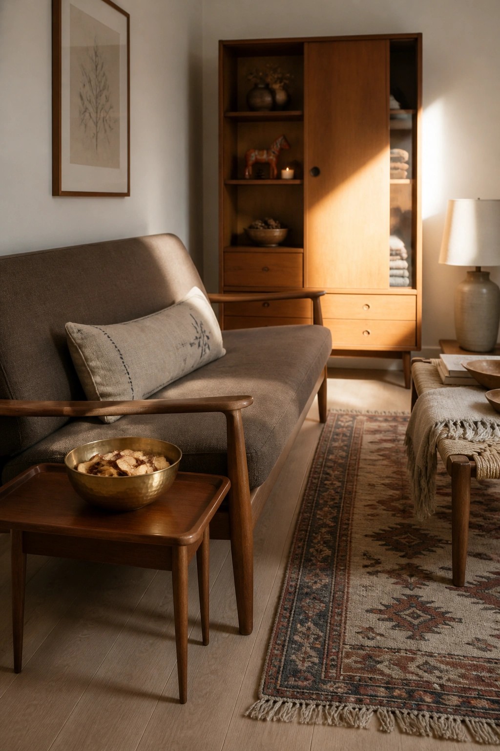 A small living room with a brown upholstered sofa, a narrow wooden side table holding a brass bowl, a tall wooden storage cabinet, and a patterned runner rug on light wood flooring.