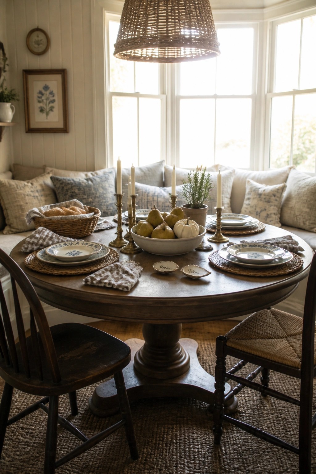 A round wooden dining table set for a meal with plates, candles, and a central white bowl holding pears and a small white pumpkin, placed in front of a large bay window with cushioned bench seating.