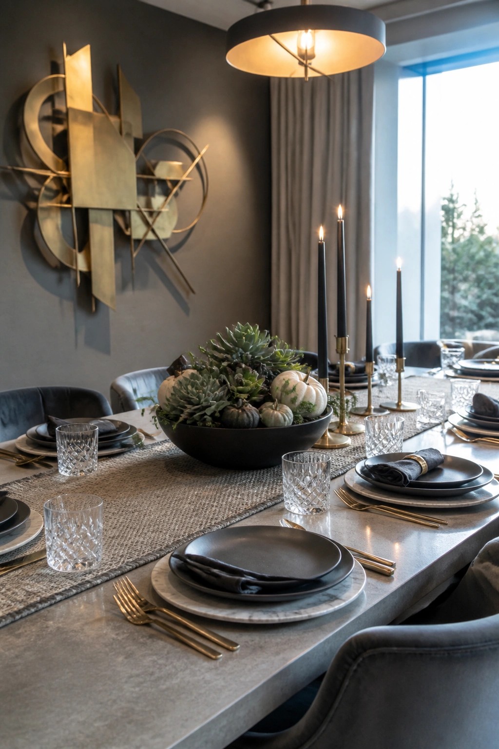A modern dining table set with black plates, gold flatware, black taper candles, and a large black bowl centerpiece holding succulents and small pumpkins.