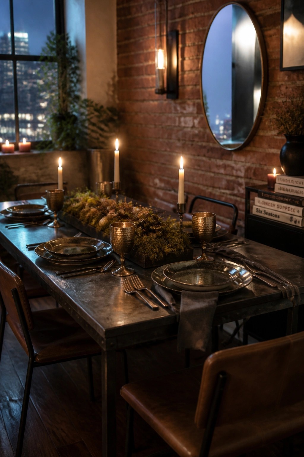 Candlelit dining table with metal plates, goblets, and greenery in brick-walled room