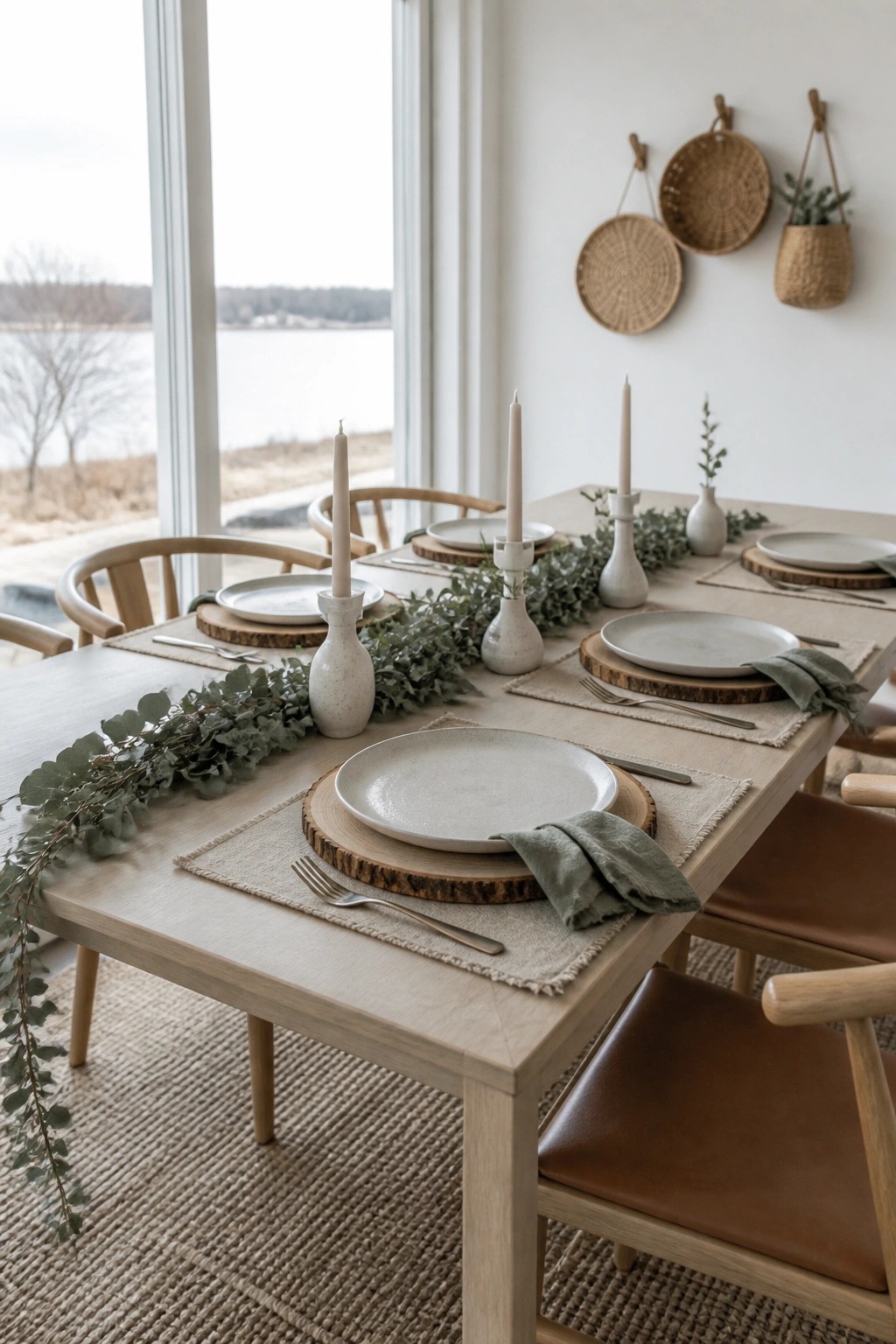 A light wood dining table set for a meal with white plates on wood chargers, beige taper candles in ceramic holders, and a long eucalyptus garland running down the center.