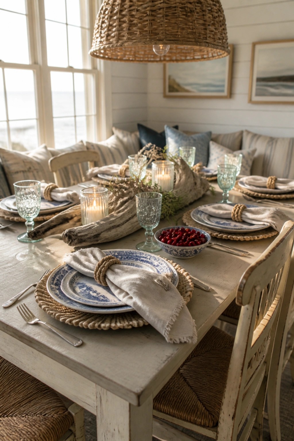 A long dining table set for a meal with blue and white plates, woven placemats, linen napkins tied with rope, a bowl of cranberries, and a large piece of driftwood used as a centerpiece.
