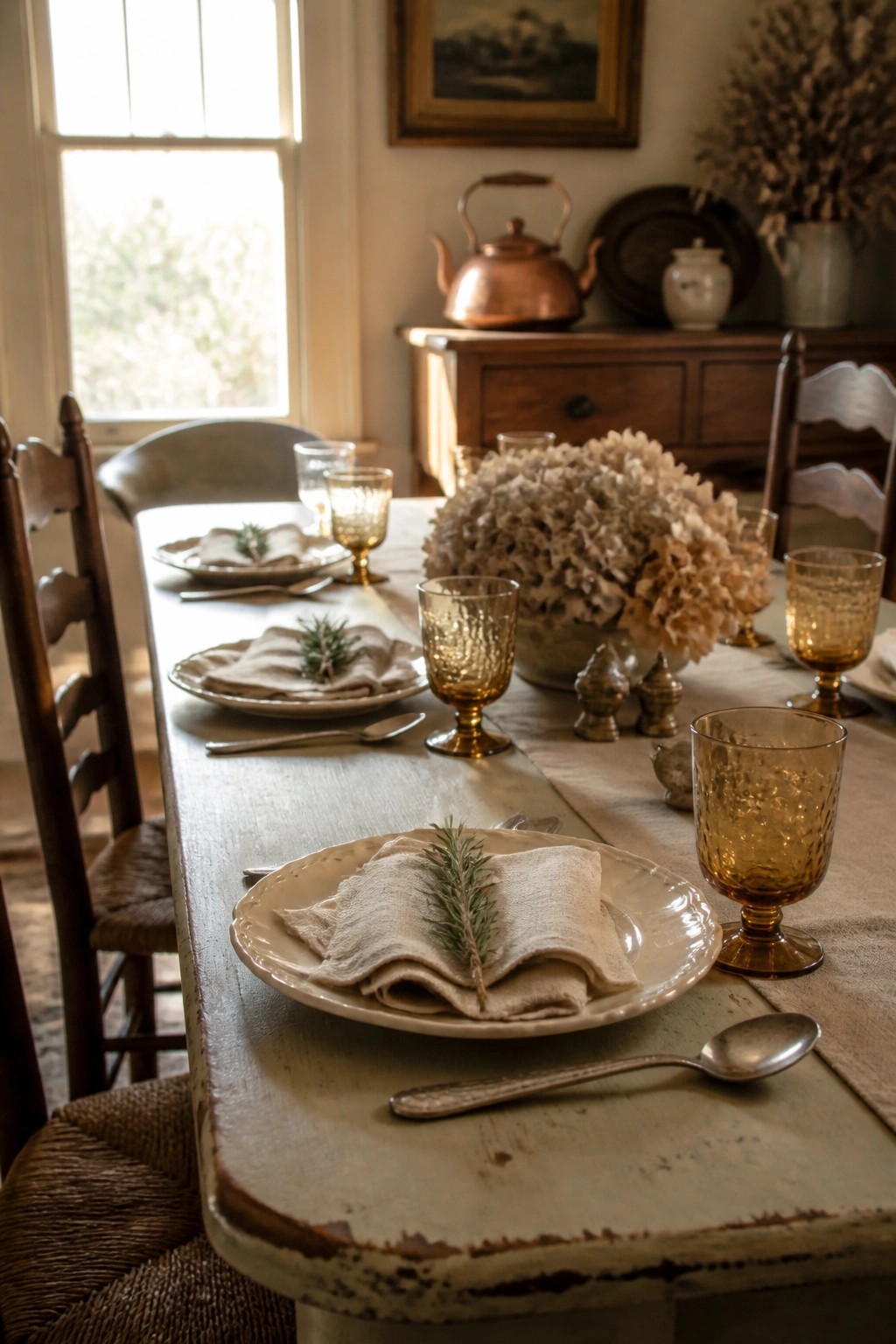 A wooden dining table set for a meal with beige plates, folded linen napkins each holding a rosemary sprig, and amber glass goblets.