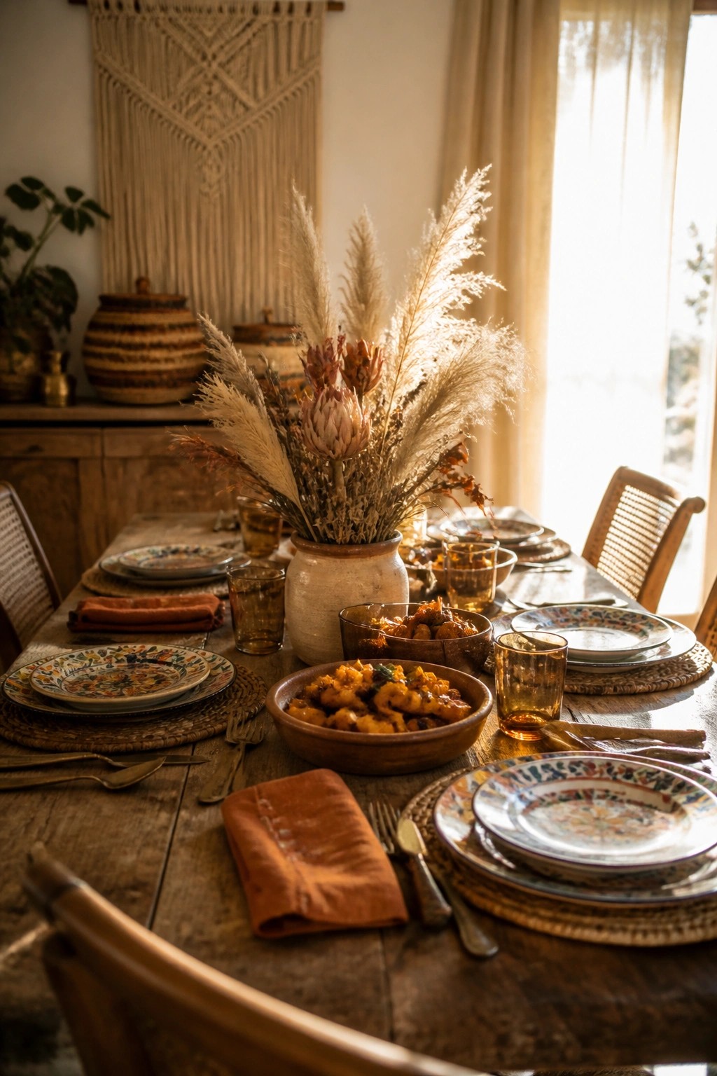 A wooden dining table set for a meal with patterned plates, amber glasses, orange napkins, wooden serving bowls, and a large ceramic vase holding pampas grass and dried flowers.