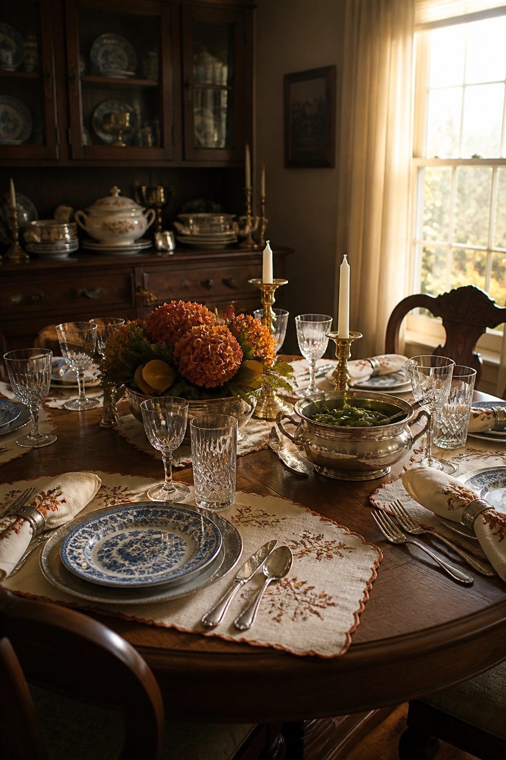A wooden dining table set for a meal with blue and white patterned plates, crystal glasses, silverware, embroidered napkins, a floral centerpiece, candles, and a silver serving bowl.