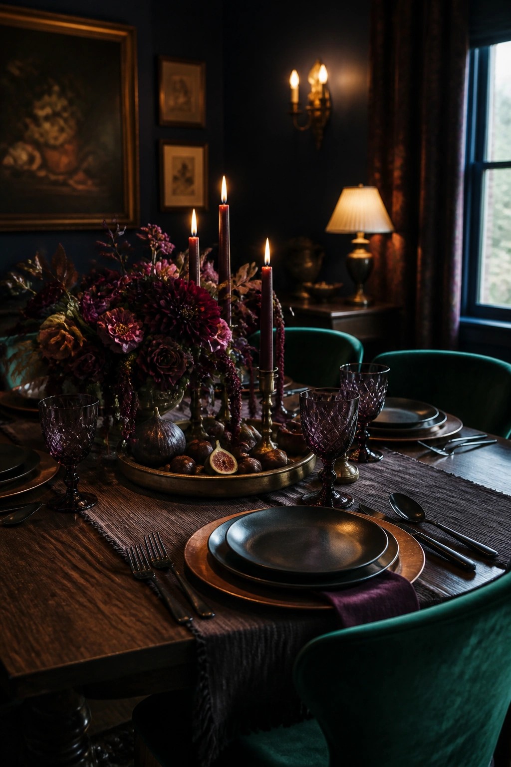 A dark wooden dining table set with black plates, purple glassware, lit burgundy candles, and a large floral centerpiece with figs and dark flowers.