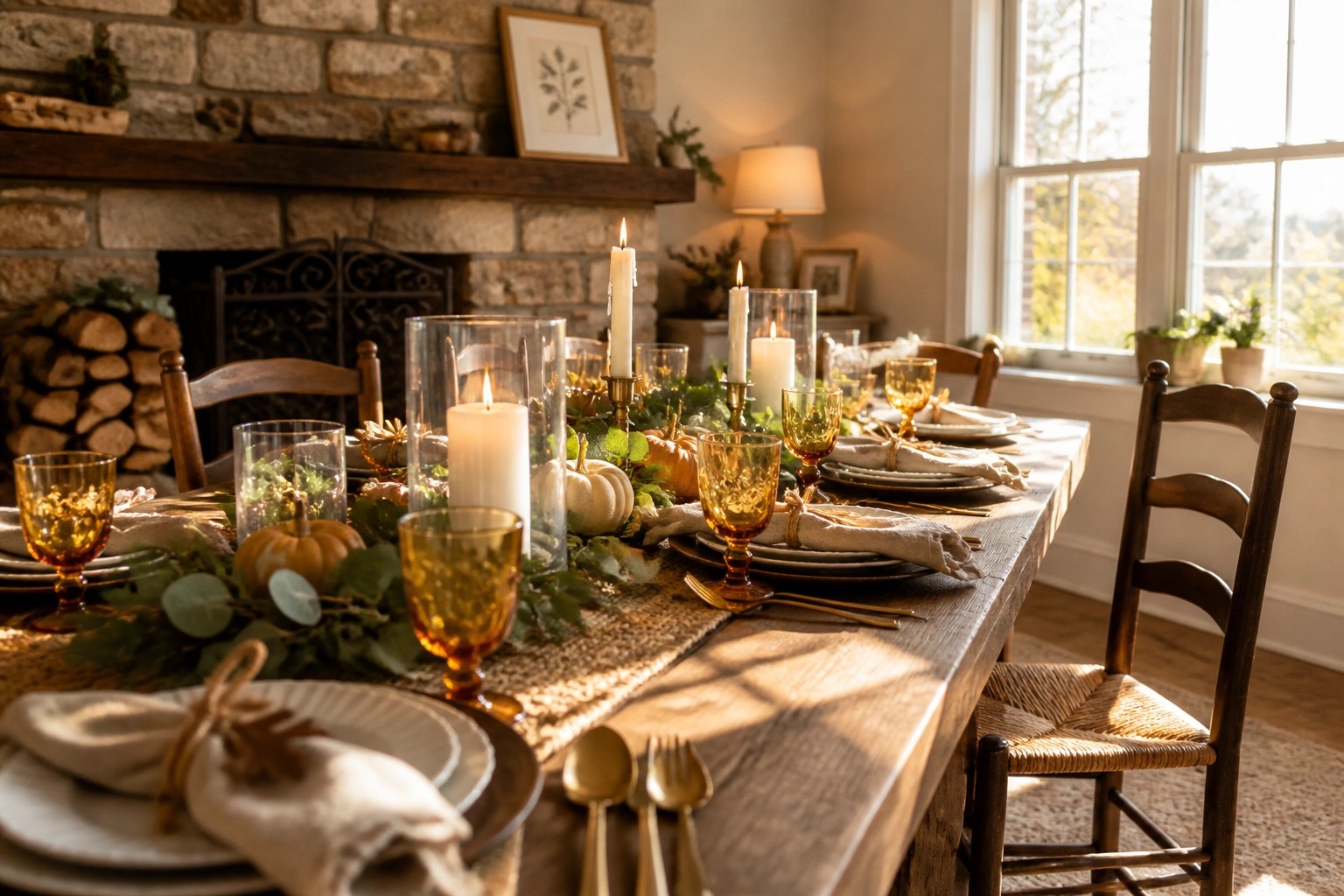 A long wooden dining table set for Thanksgiving with a burlap runner, greenery garland, small pumpkins, white candles in glass holders, and amber glassware.