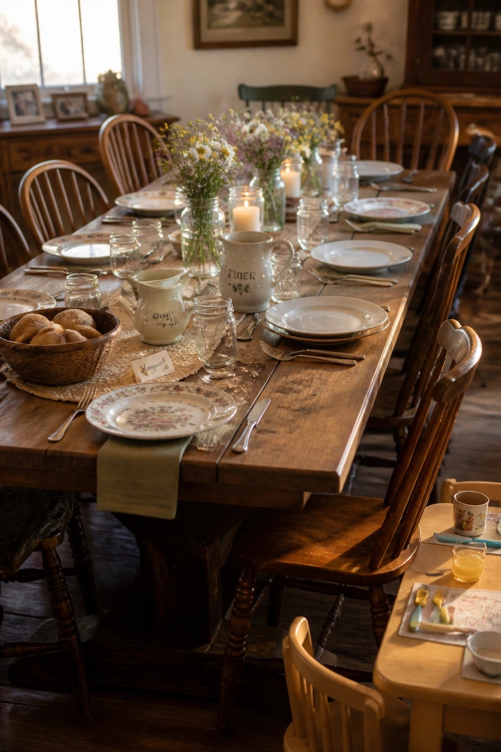 A long rustic wooden dining table set with floral plates, wooden chairs, mason jars holding wildflowers and lit candles, and a bowl of bread rolls.
