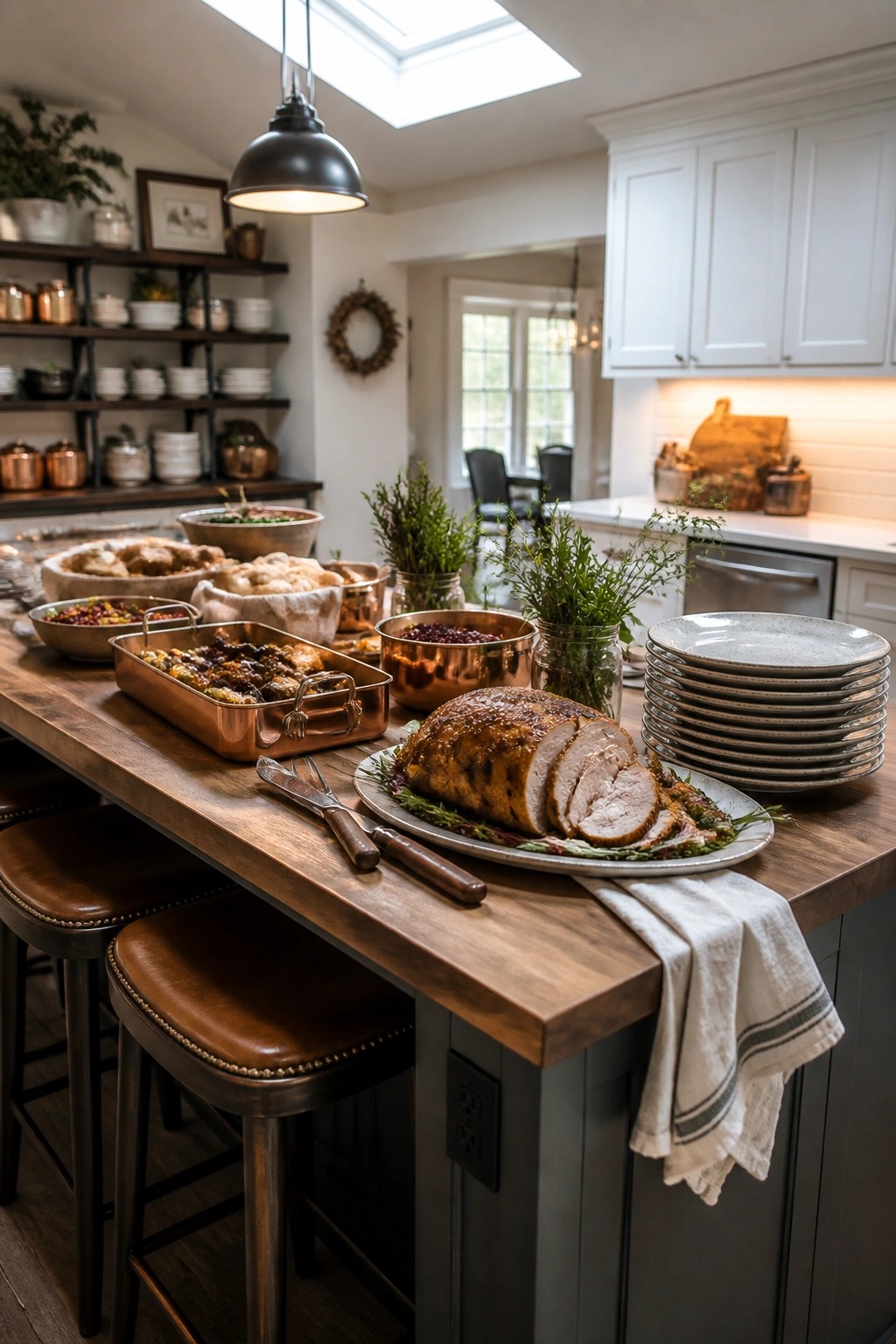 A wooden kitchen island set with a roasted turkey, side dishes in copper pans, stacks of plates, and bar stools in a white kitchen.