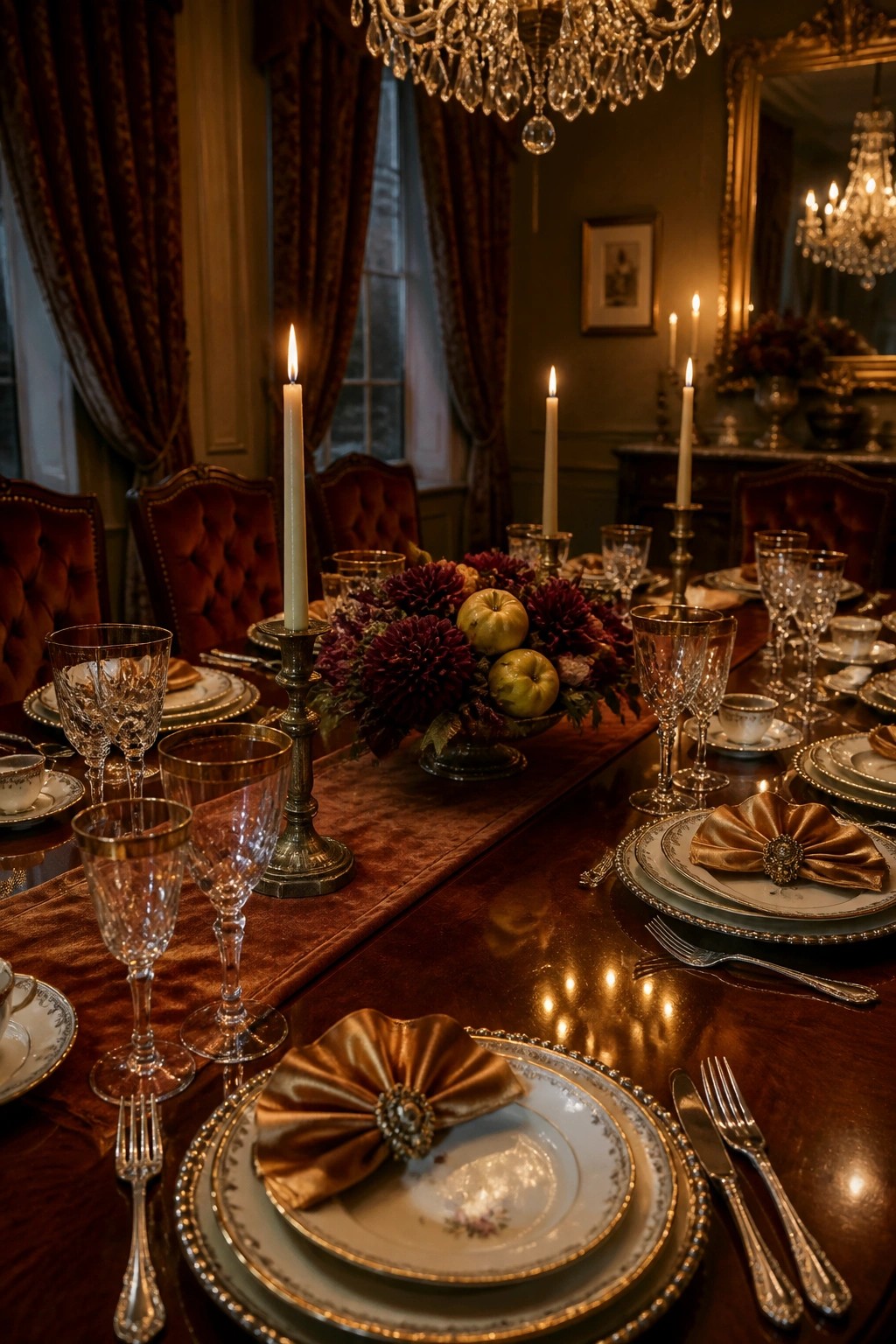 A formal dining table set for Thanksgiving with white plates, bronze napkins, crystal glasses, a deep red velvet runner, tall lit taper candles, and a floral centerpiece with apples.