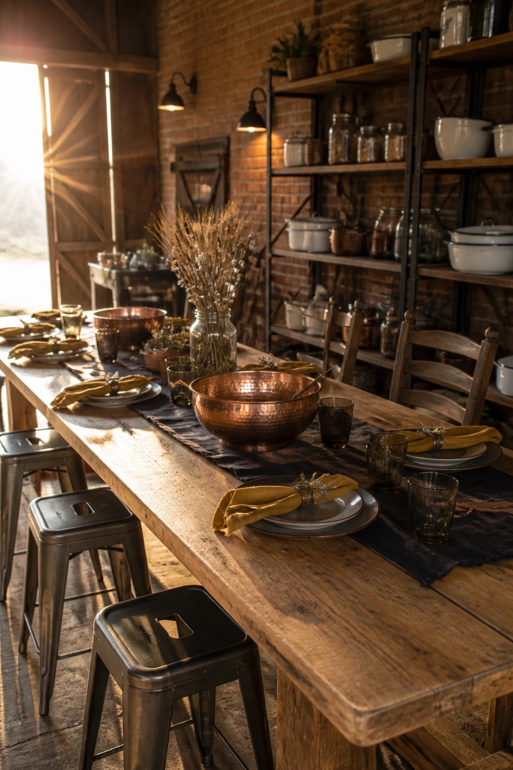 A long wooden dining table set for a meal with yellow napkins, copper bowls, and a dark runner, surrounded by wooden chairs and metal stools in a brick-walled room.
