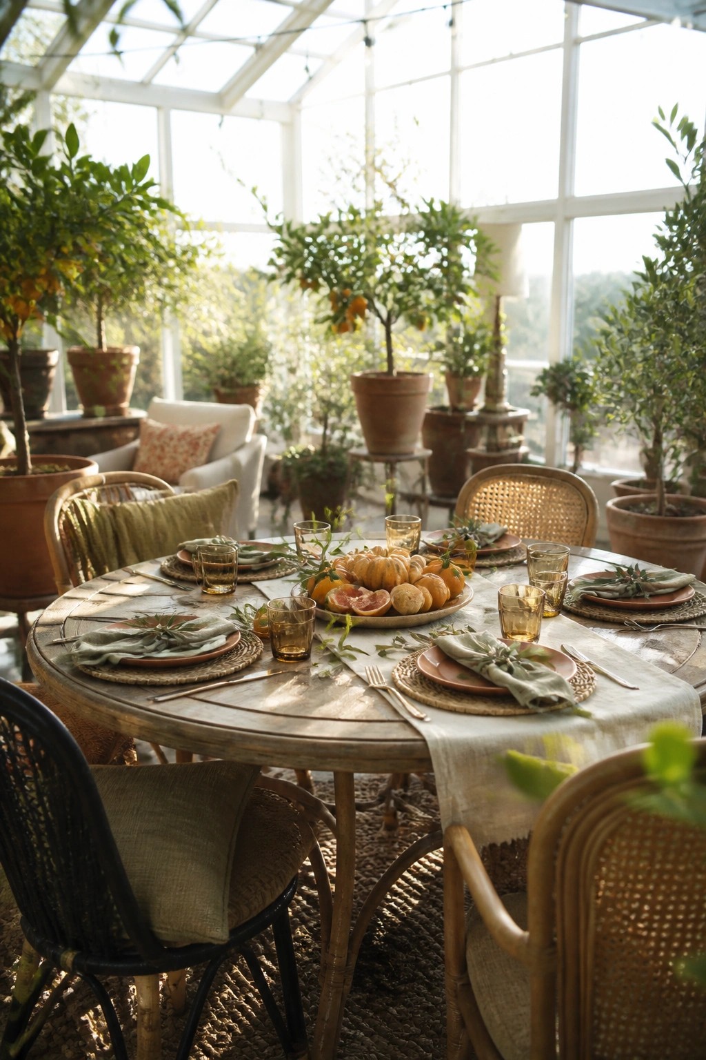 A round wooden dining table set for a meal with woven placemats, terracotta plates, linen napkins tied with greenery, amber glassware, and a centerpiece of small pumpkins and citrus fruits inside a sunroom surrounded by potted plants.