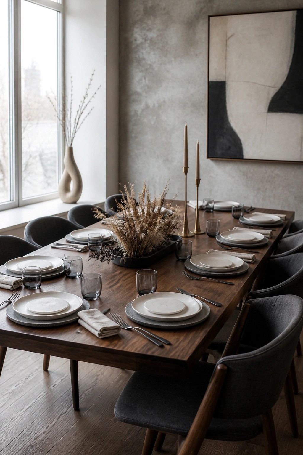 A long wooden dining table set with white plates on gray chargers, dried foliage in a black tray, tall candles, and dark gray upholstered chairs in a modern room with an abstract painting on the wall.