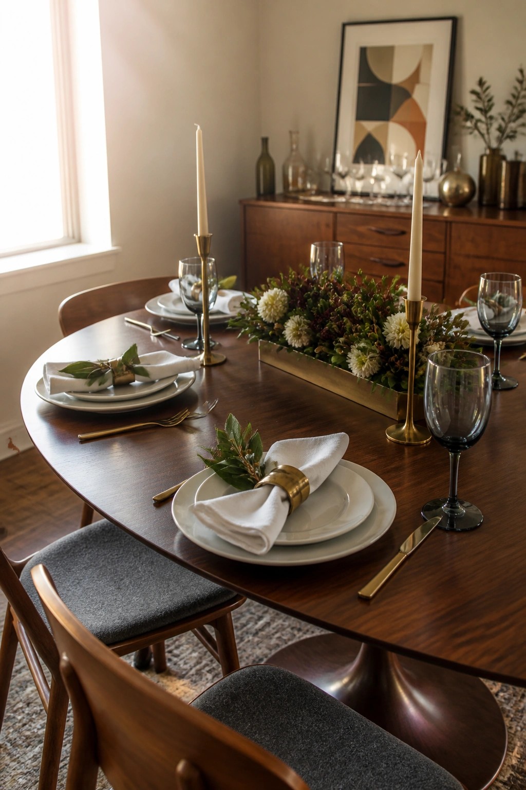Elegant wooden dining table set with white plates, gold candlesticks, napkins, and floral centerpiece.