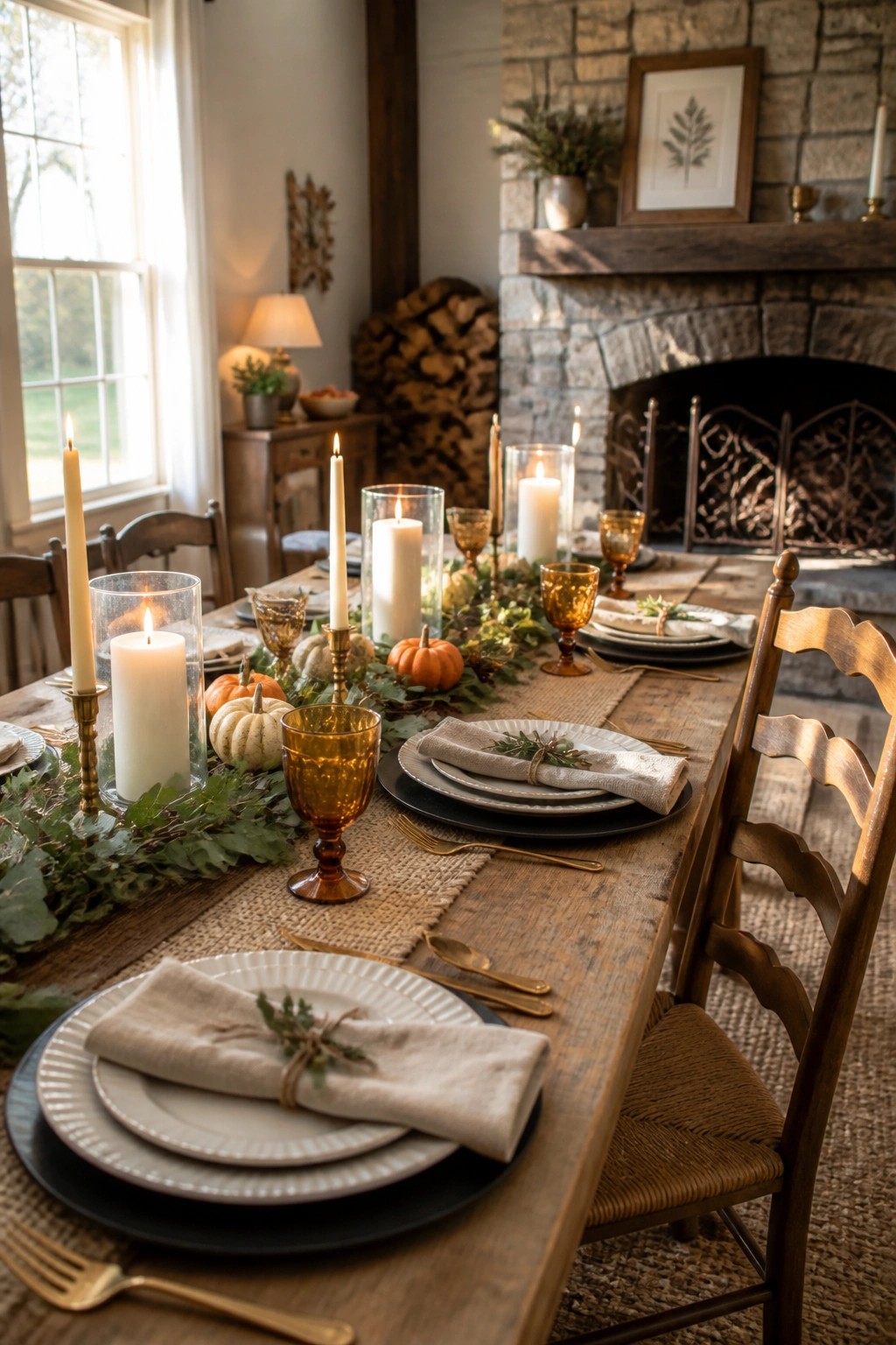 A long wooden dining table set for Thanksgiving with a burlap runner, greenery garland, small pumpkins, white candles in glass holders, and amber glassware.