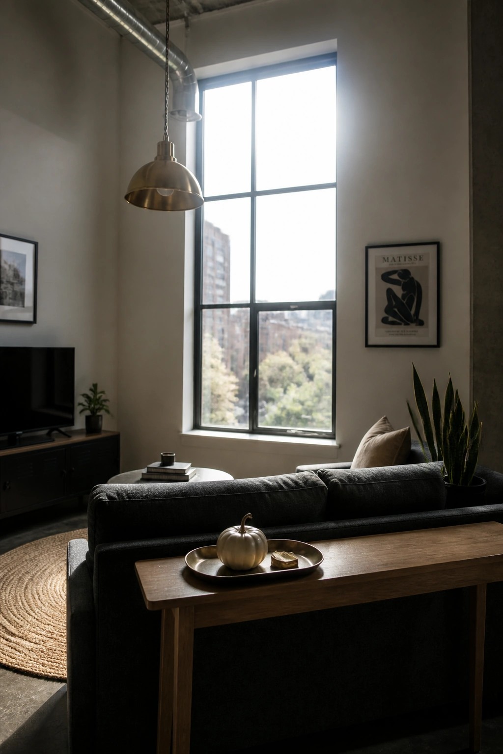 A living room featuring a dark gray sofa, wooden coffee table with a metal tray holding a small white pumpkin, and a large multi-pane window.