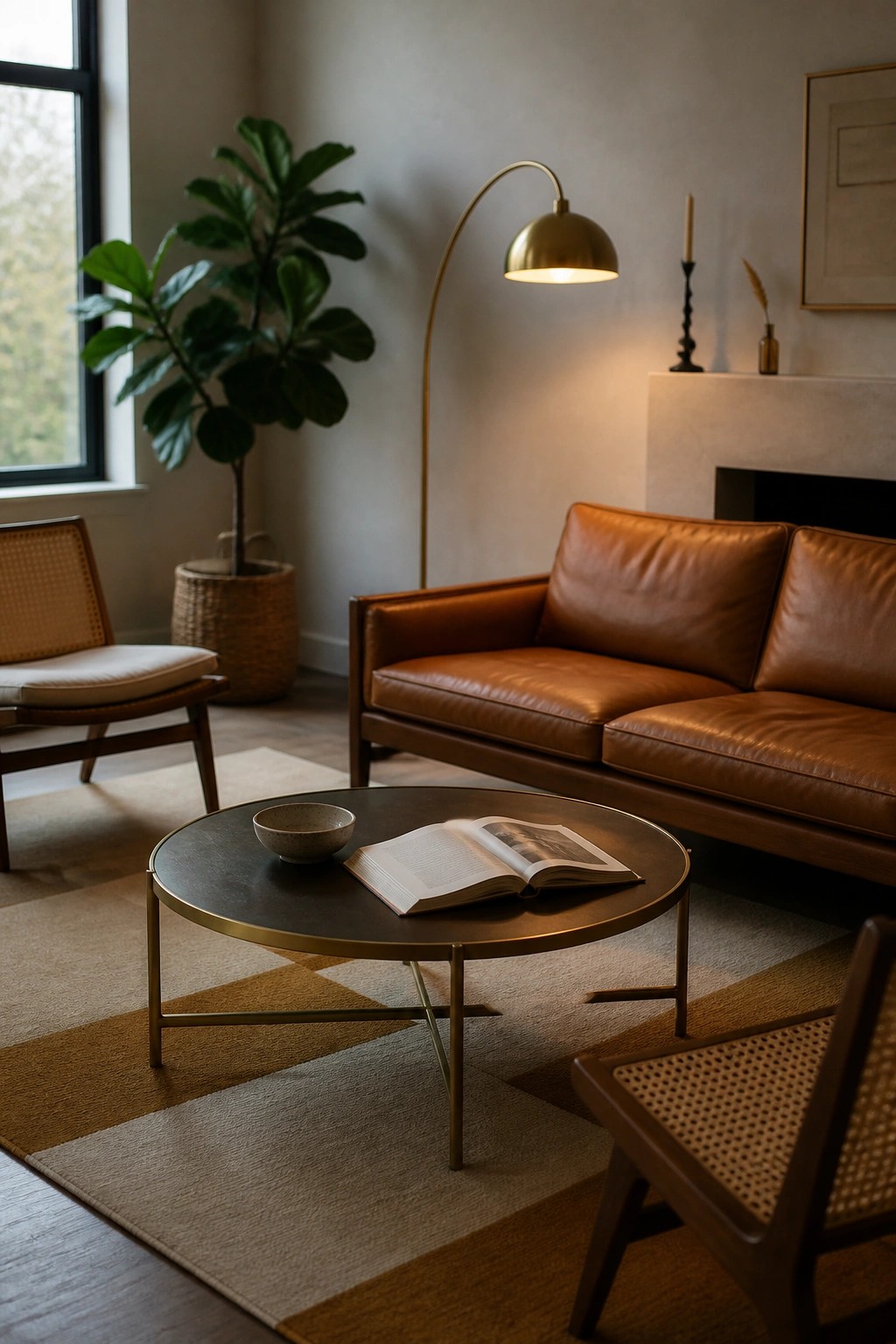 Modern living room with brown leather sofa, round coffee table, arched floor lamp, and houseplant