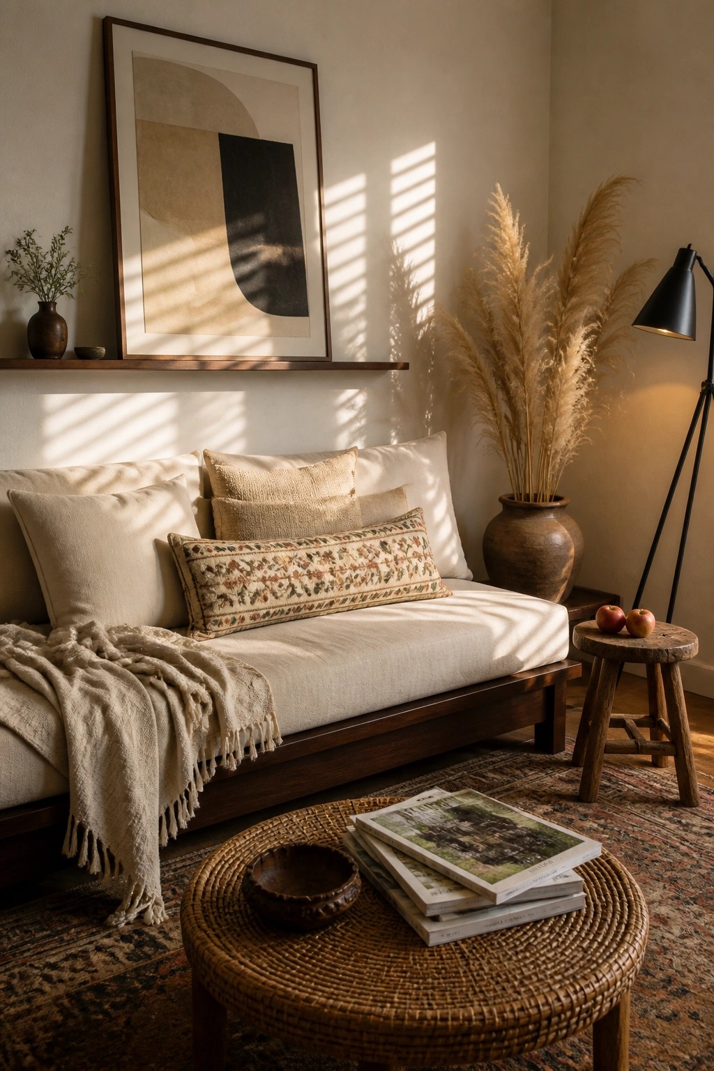 A living room with a low wooden daybed covered in cream cushions and a long patterned pillow, a round woven coffee table holding magazines and a small bowl, pampas grass in a clay vase, and a large abstract painting on the wall.
