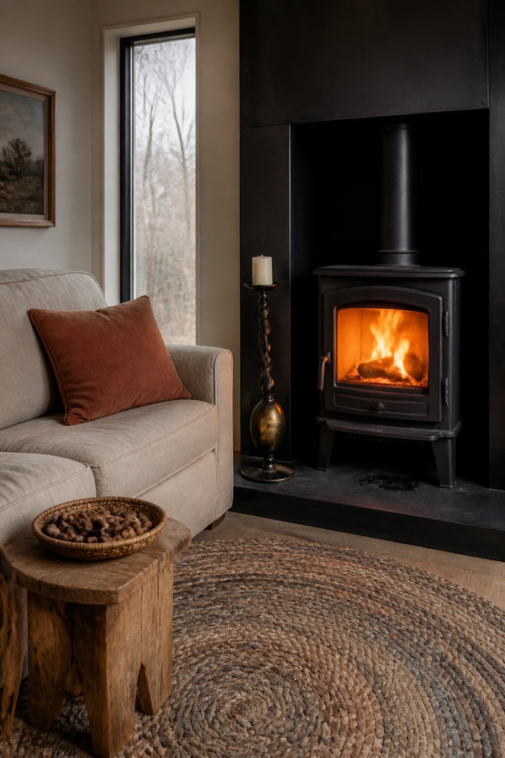 A living room corner showing a black wood stove with a visible fire, next to a light sofa with one rust pillow, a wooden stool holding a basket, and a round woven rug.