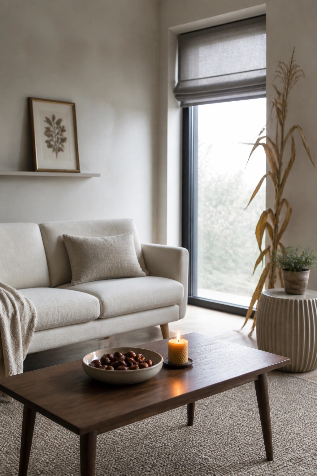 A living room with a white sofa, wooden coffee table holding a bowl of chestnuts and one lit candle, a framed print on the wall, and a large window with a potted plant nearby.