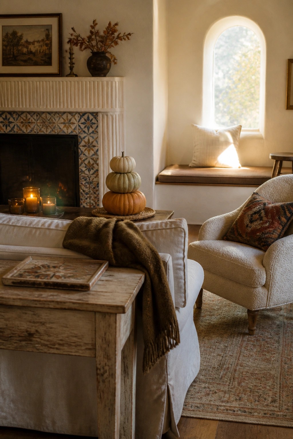 A living room scene showing a wooden table with stacked pumpkins and lit candles in front of a white sofa, with a fireplace and an armchair visible nearby.