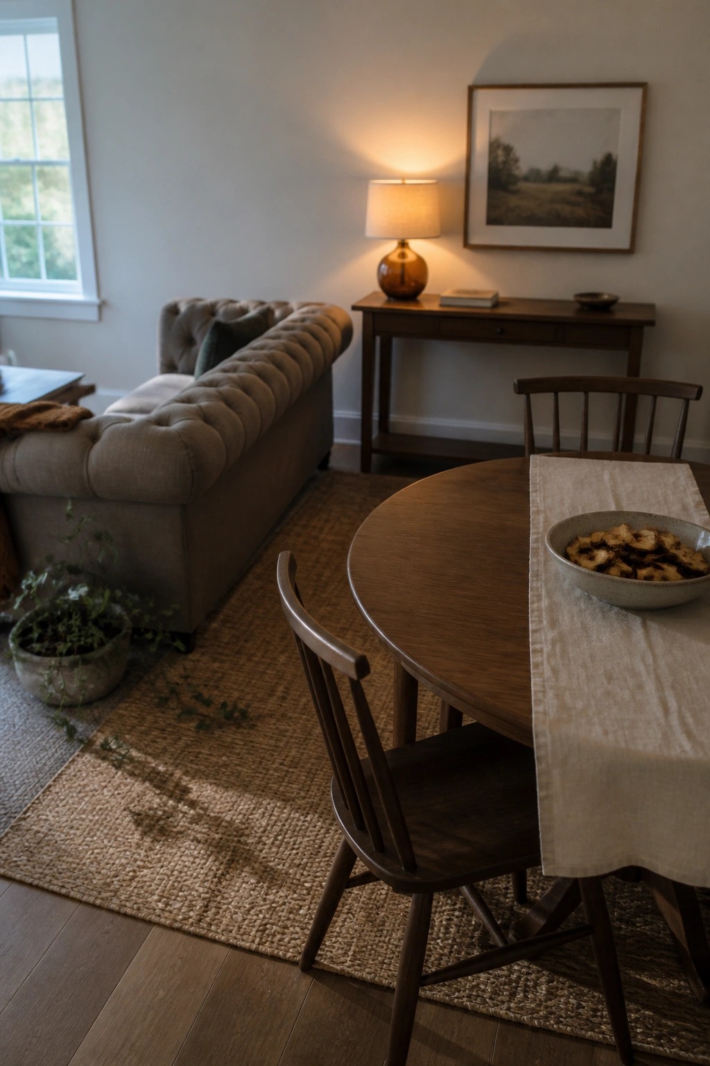 Cozy room with round wooden table, tufted sofa, glowing amber lamp, and woven rug