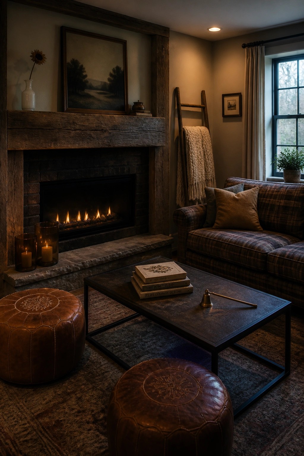 A living room with a dark fireplace, plaid sofa, two leather ottomans, and a coffee table holding stacked books.