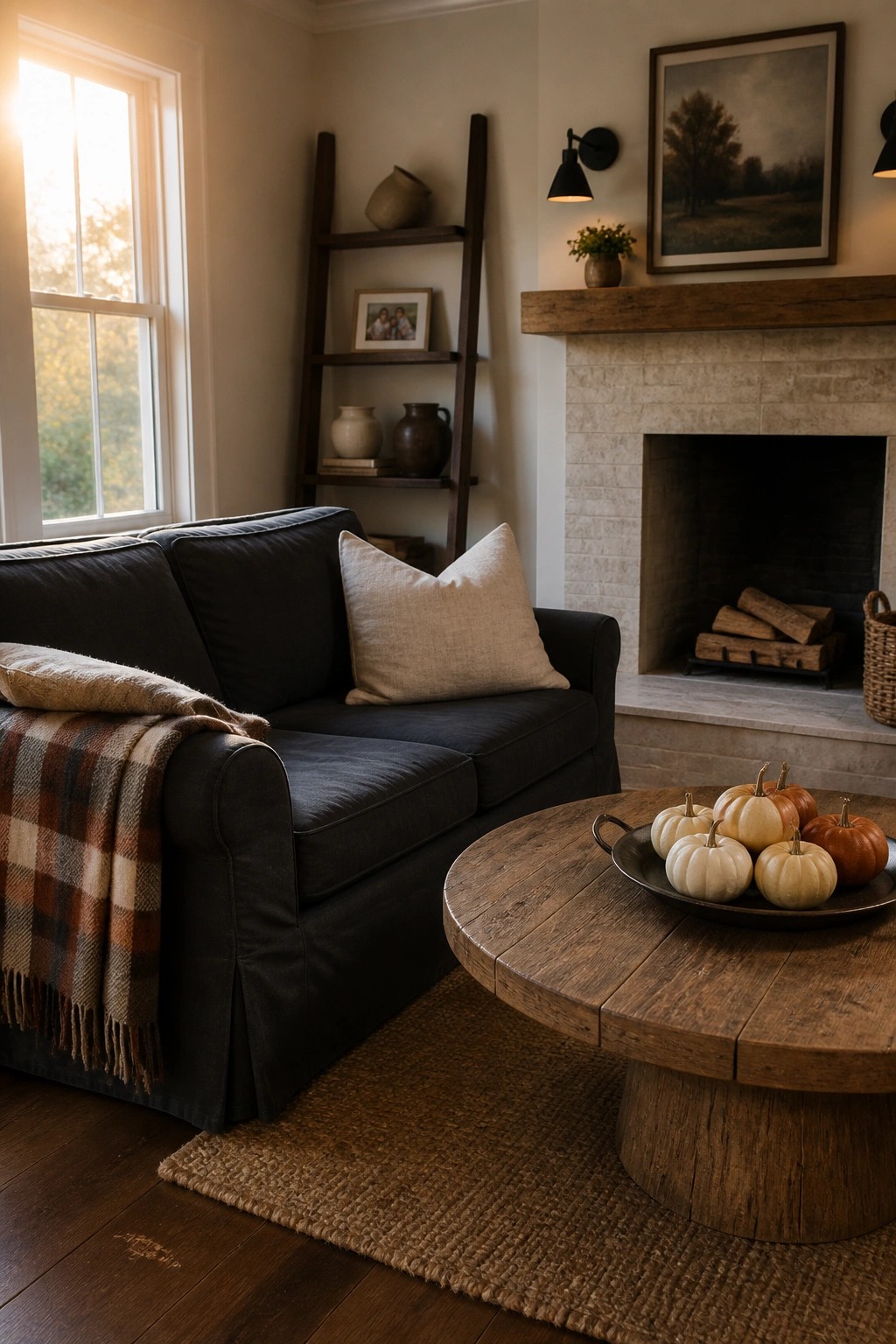 A living room with a dark sofa, round wooden coffee table holding a tray of small pumpkins, and a stone fireplace in the background.